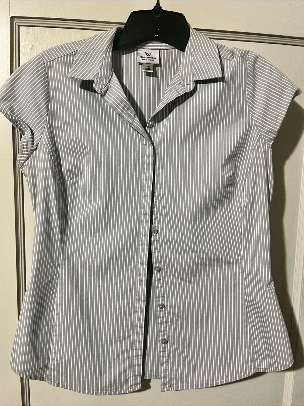 Worthington Petite Stretch Pinstripe Blouse - White & Gray